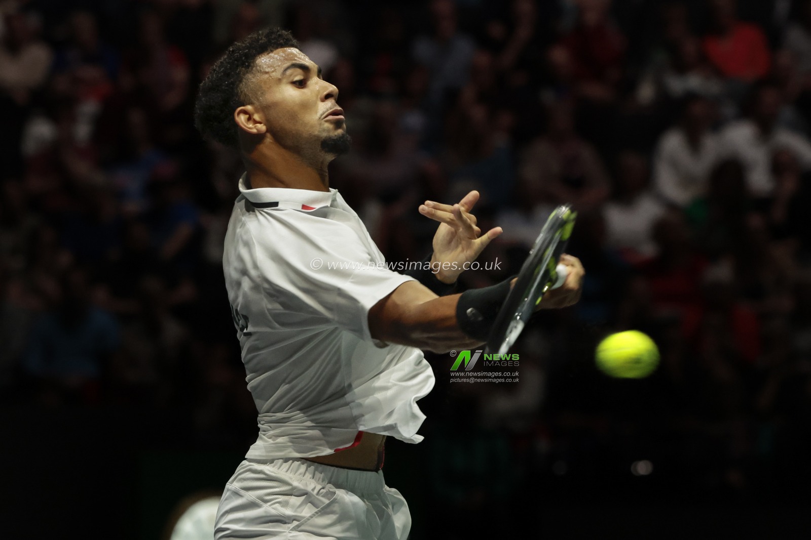 Arthur Fils (FRA) in action) in action against Daniel Evans (GBR) during his Davis Cup match Great Britain vs France at Manchester AO Arena, Manchester, United Kingdom, 17th September 2023

(Photo by Conor Molloy/News Images)