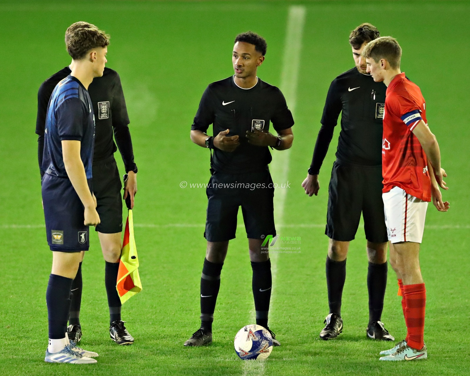 The captains and match officials before the FA Youth Cup U18’s round 2 match Barnsley vs Mansfield Town at Oakwell, Barnsley, United Kingdom, 17th November 2025(Photo by Sam Eaden/News Images)