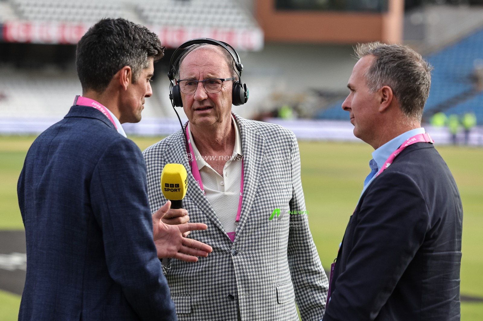 BBC cricket correspondent Jonathan Agnew speaks to Michael Vaughan and Sir Alastair Cook during the 1st Rothesay Test Match Day 5 England vs India at Headingley Cricket Ground, Leeds, United Kingdom, 24th June 2025

(Photo by Mark Cosgrove/News Images)