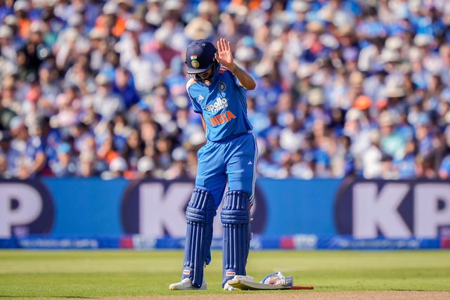 India captain Shubman Gill goes down with a potential injury before retiring hurt during the 1st Metro Bank ODI match England vs India at Edgbaston, Birmingham, United Kingdom on 14 July 2026

(Photo by Maynard Manyowa/News Images)