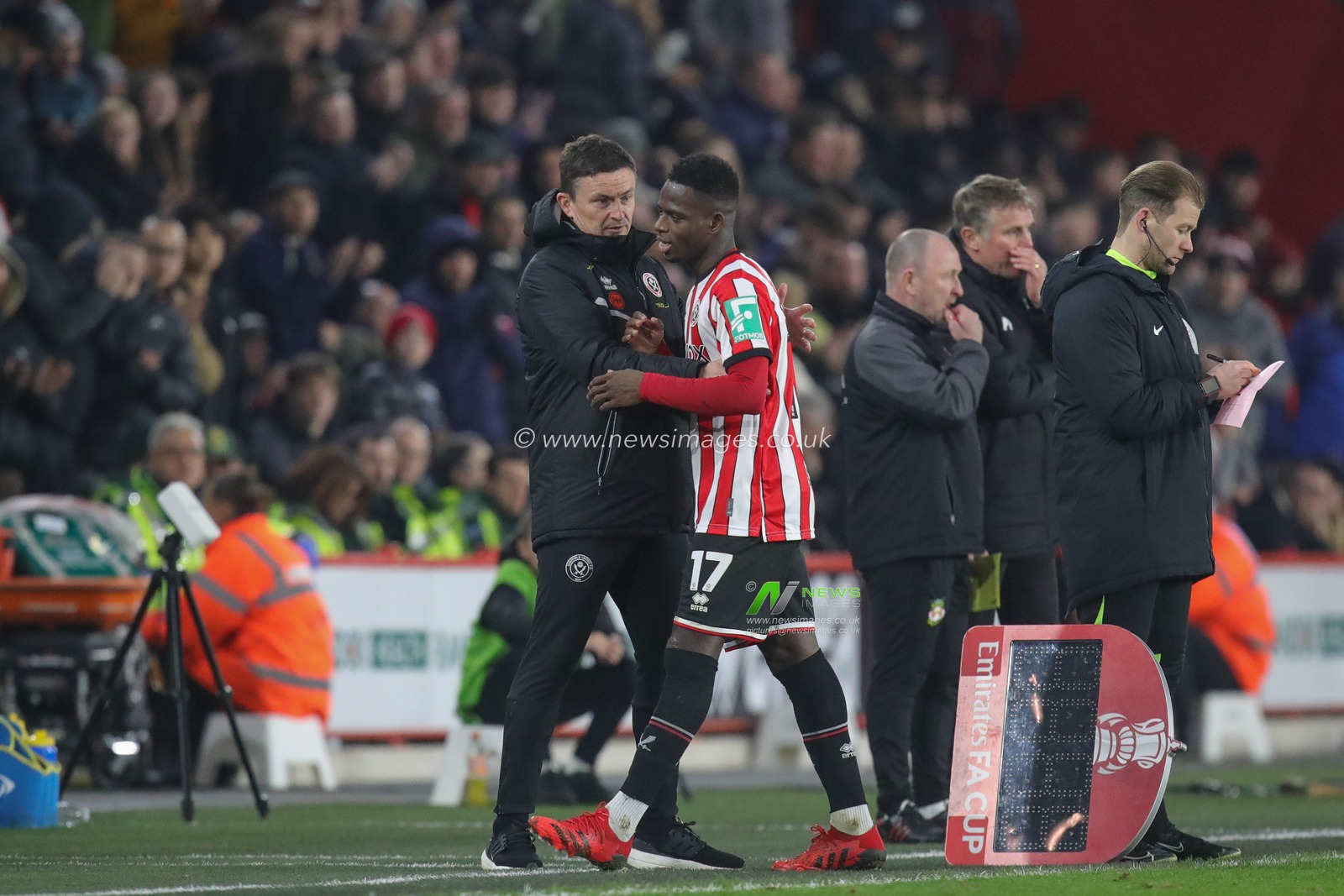 Paul Heckingbottom manager of Sheffield United talks with IsmaÃ¯la Coulibaly #17 of Sheffield United as he is substituted off during the Emirates FA Cup Fourth Round Replay match Sheffield United vs Wrexham at Bramall Lane, Sheffield, United Kingdom, 7th February 2023

(Photo by James Heaton/News Images)