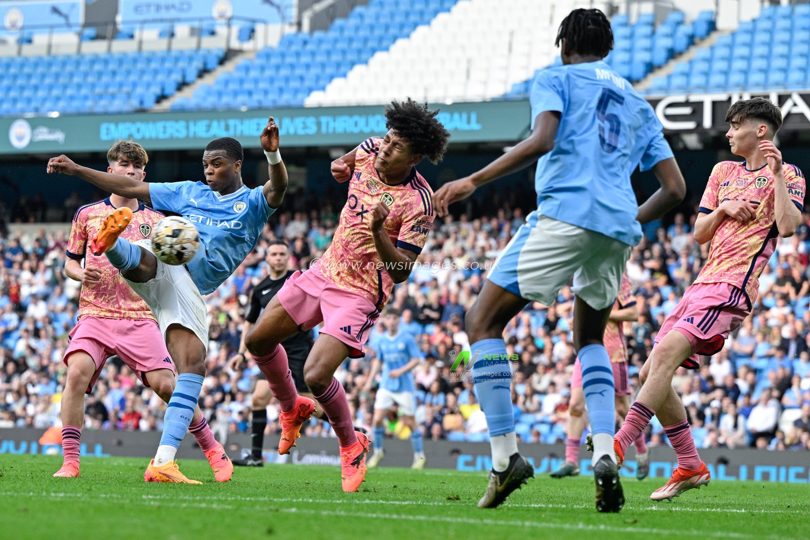 Farid Alfa-Ruprecht shoots on goal, during the FA Youth Cup Final match Manchester City vs Leeds United at Etihad Stadium, Manchester, United Kingdom, 10th May 2024

(Photo by Cody Froggatt/News Images)