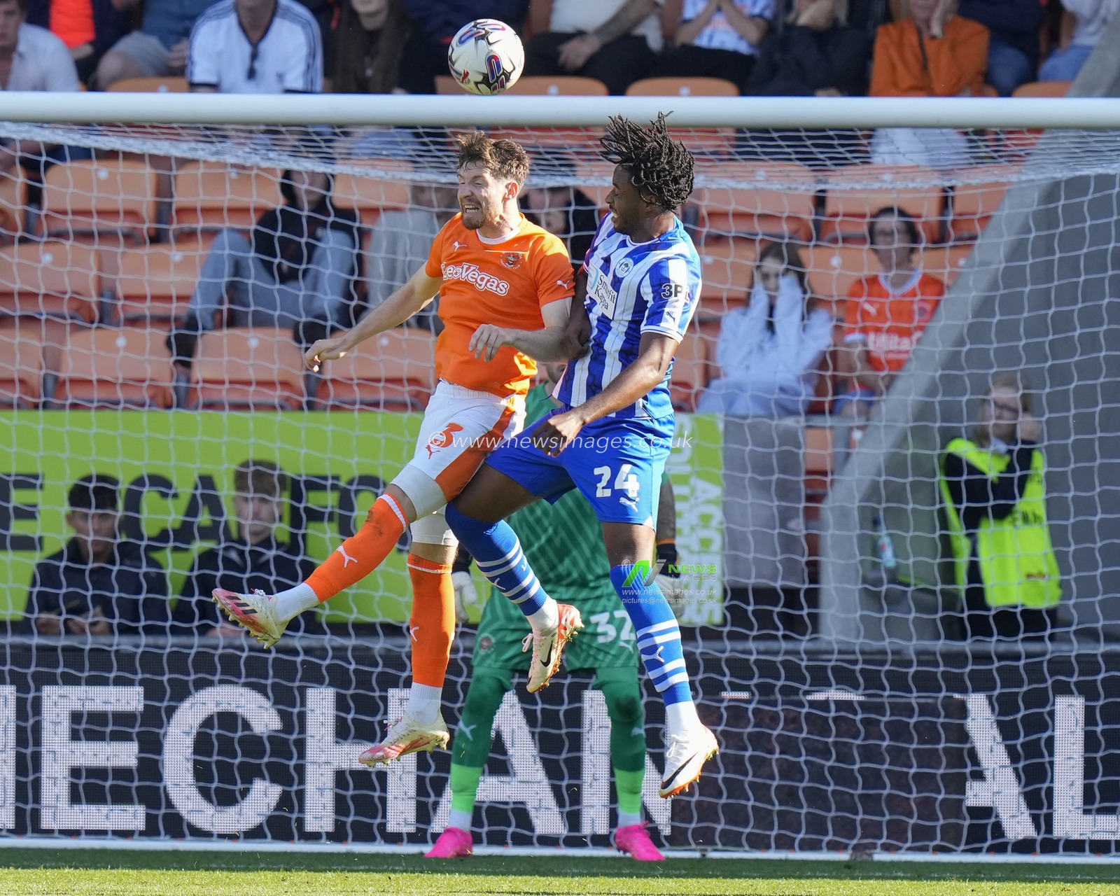 James Balagizi #24 of Wigan Athletic competes for a header with James Husband #3 of Blackpool during the Sky Bet League 1 match Blackpool vs Wigan Athletic at Bloomfield Road, Blackpool, United Kingdom, 2nd September 2023

(Photo by Steve Flynn/News Images)
