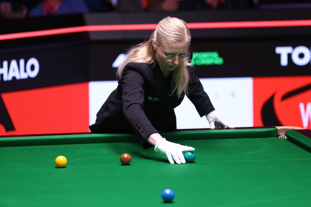 Referee Desislava Bozhilova during the 2025 Halo World Snooker Championship Game between John Higgins and Xiao Guodong at the Crucible Theatre, Sheffield, United Kingdom, 26th April 2025

(Photo by Alex Roebuck/News Images)