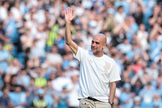Pep Guardiola manager of Manchester City fights the tears in an emotional last gameas City announce they are naming the new stand after him “The Pep Guardiola  Stand during the Premier League match Manchester City vs Aston Villa at Etihad Stadium, Manchester, United Kingdom on 24 May 2026

(Photo by Mark Cosgrove/News Images)