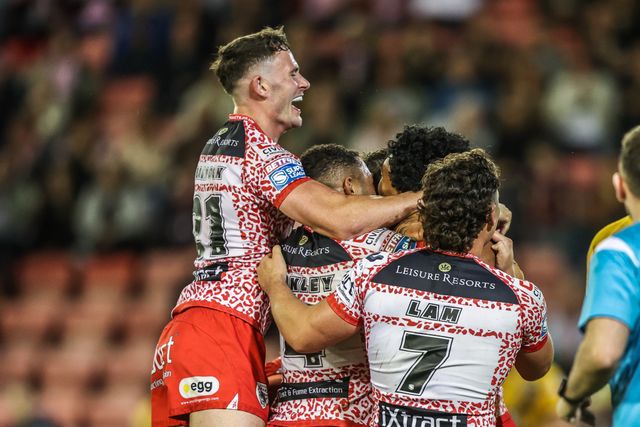Alec Tuitavake of Leigh Leopards celebrates his try during the Betfred Super League round 25 match Leigh Leopards vs Castleford Tigers at Leigh Sports Village, Leigh, United Kingdom, 28th August 2025

(Photo by Alfie Cosgrove/News Images)