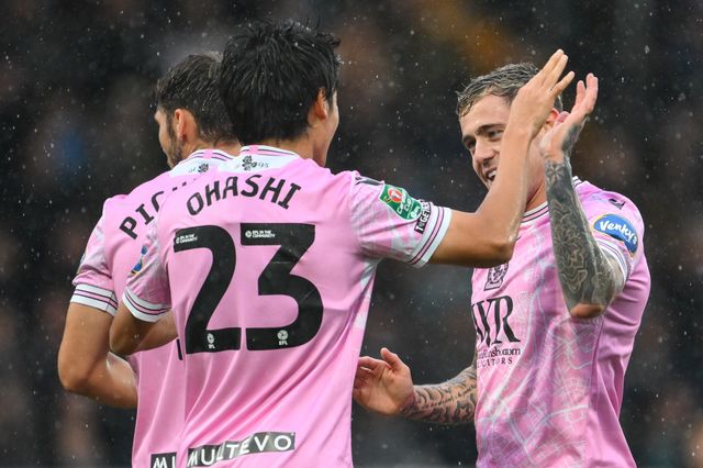 Sammie Szmodics of Blackburn Rovers celebrates his goal to make it 0-1 during the Carabao Cup match Stockport County vs Blackburn Rovers at Edgeley Park Stadium, Stockport, United Kingdom, 13th August 2024

(Photo by Craig Thomas/News Images)