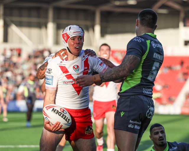 George Whitby of St. Helens celebrates his try during the Betfred Super League Round 11 match St Helens vs Catalans Dragons at Totally Wicked Stadium, St Helens, United Kingdom, 15th May 2025

(Photo by Mark Cosgrove/News Images)