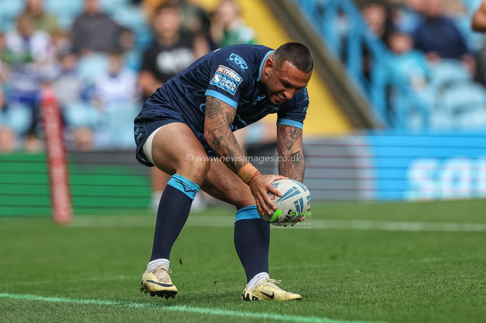 Elliot Minchella of Hull KR breaks through to go over for a 30 yard solo try during the Magic Weekend match Catalans Dragons vs Hull KR at Elland Road, Leeds, United Kingdom, 18th August 2024

(Photo by Mark Cosgrove/News Images)