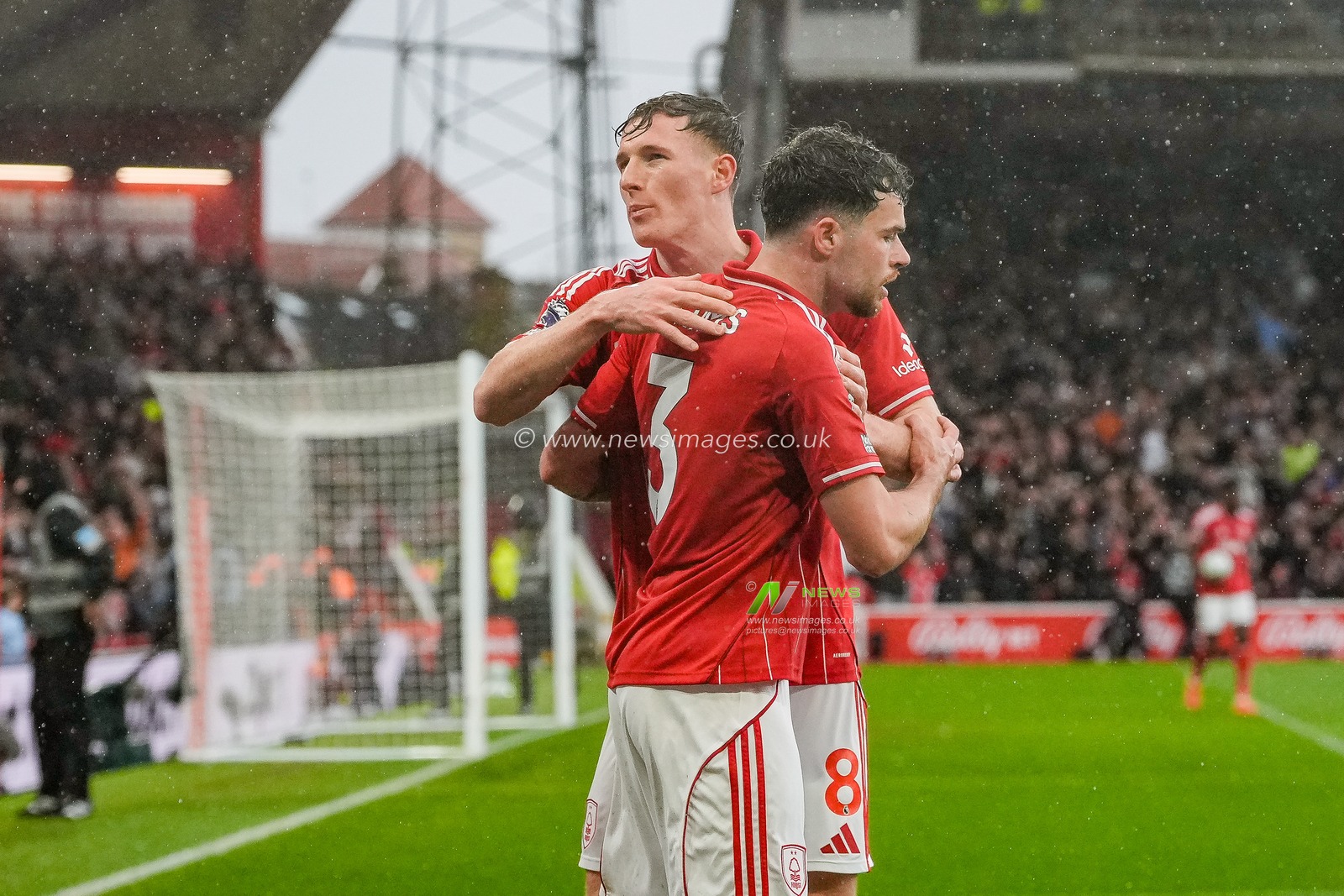 Neco Williams of Nottingham Forest celebrates his goal to make it  1-1 with Elliot Anderson of Nottingham Forest during the Premier League match Nottingham Forest vs Aston Villa at City Ground, Nottingham, United Kingdom on 12 April 2026

(Photo by Maynard Manyowa/News Images)
