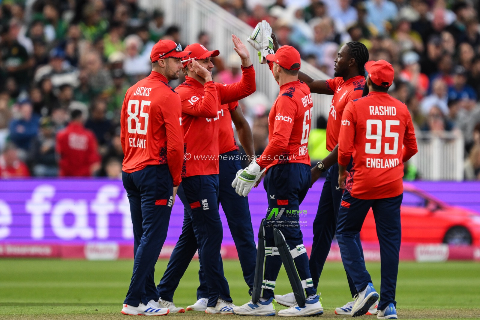 England celebrates the dismissal of Imad Wasim of Pakistan during the Vitality T20 International Series match England vs Pakistan at Edgbaston, Birmingham, United Kingdom, 25th May 2024

(Photo by Craig Thomas/News Images)