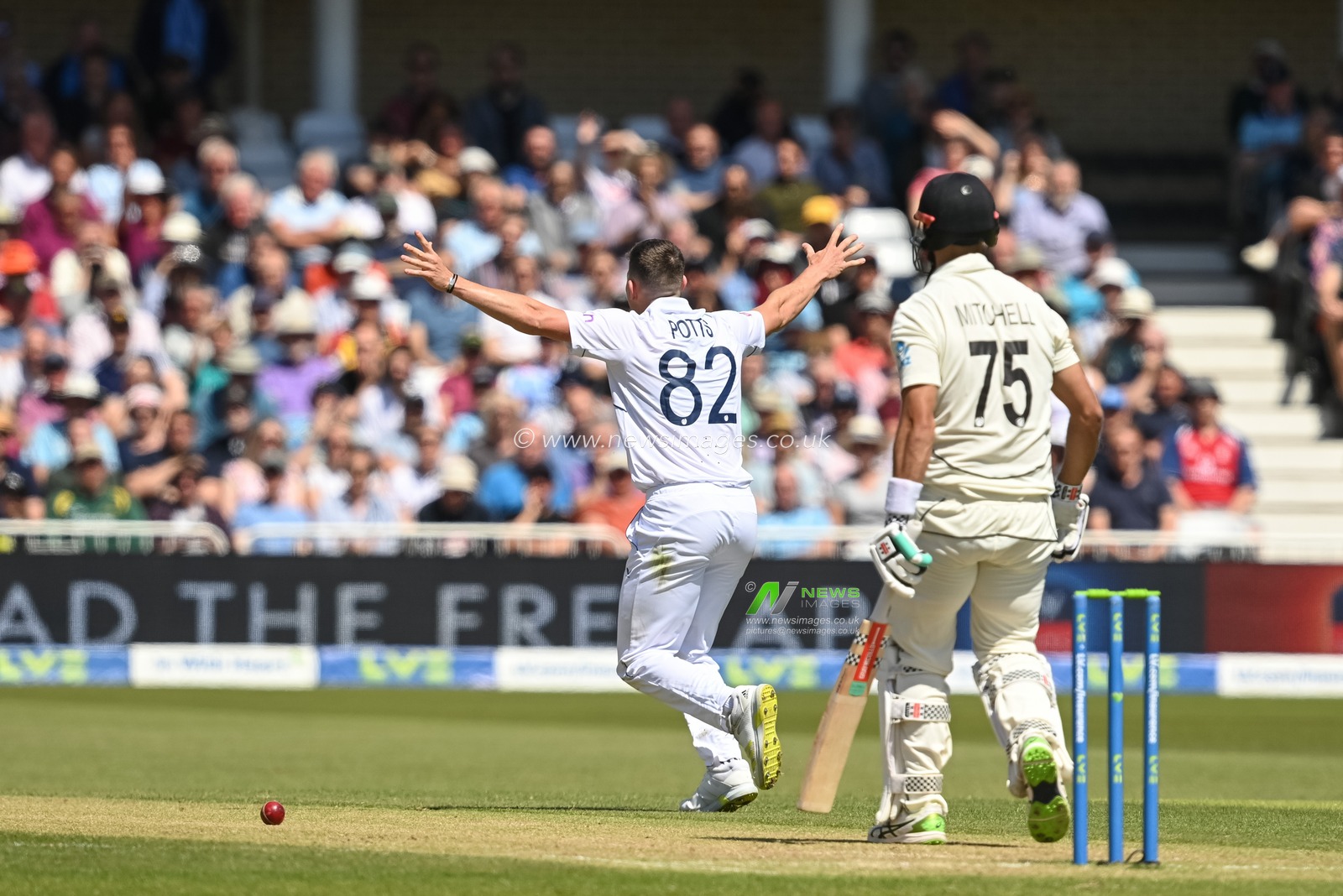 Daryl Mitchell of New Zealand survives an appeal by Matthew Potts of England during day 2 of the 2nd Test between the New Zealand Blackcaps and England at Trent Bridge Cricket Ground, Nottingham, England on Saturday 11 June 2022.
New Zealand tour of England 2022.
 Â© Craig Thomas / www.photosport.nz
