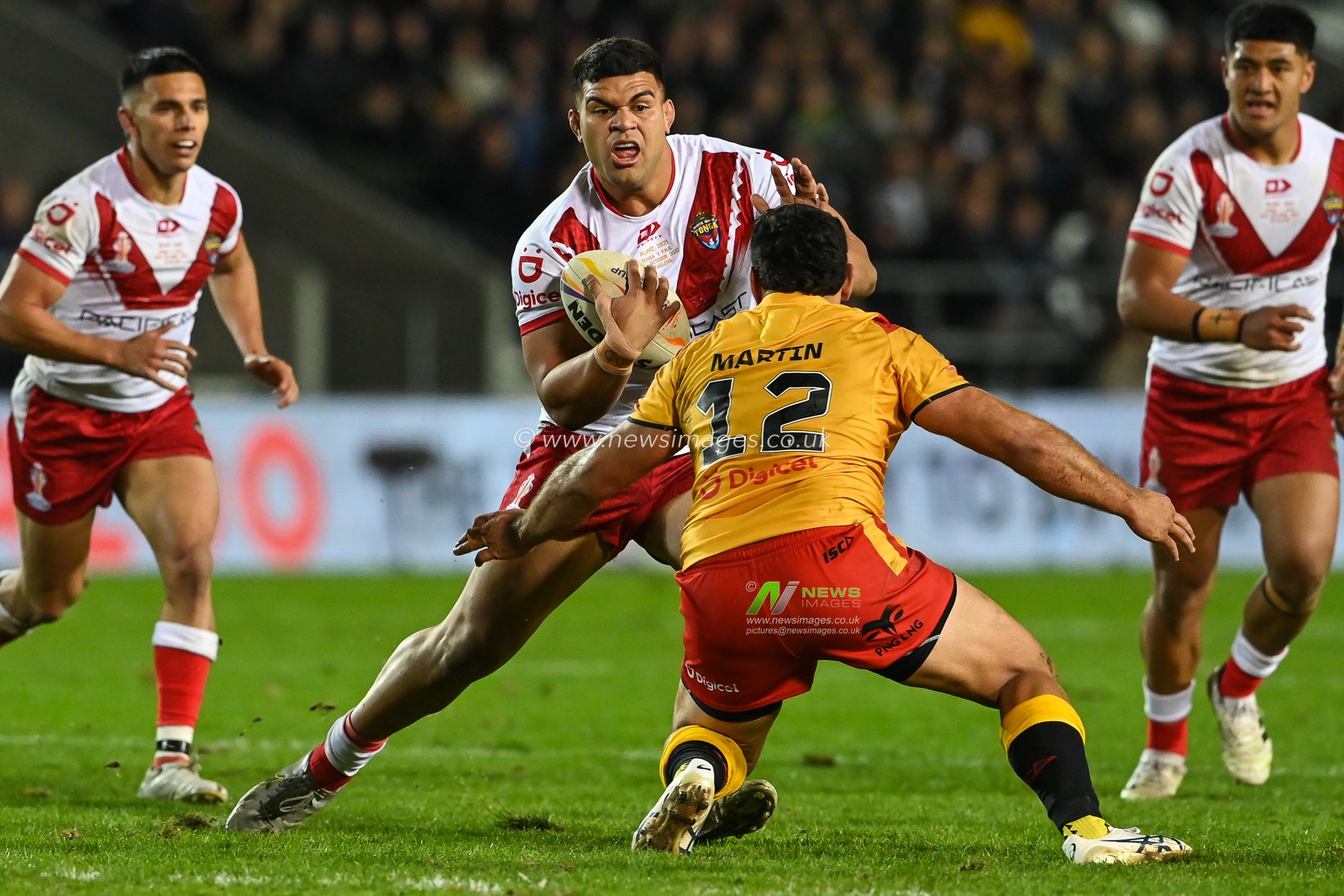 David Fifita of Tonga in action during the Rugby League World Cup 2021 match Tonga vs Papua New Guinea at Totally Wicked Stadium, St Helens, United Kingdom, 18th October 2022

(Photo by Craig Thomas/News Images)