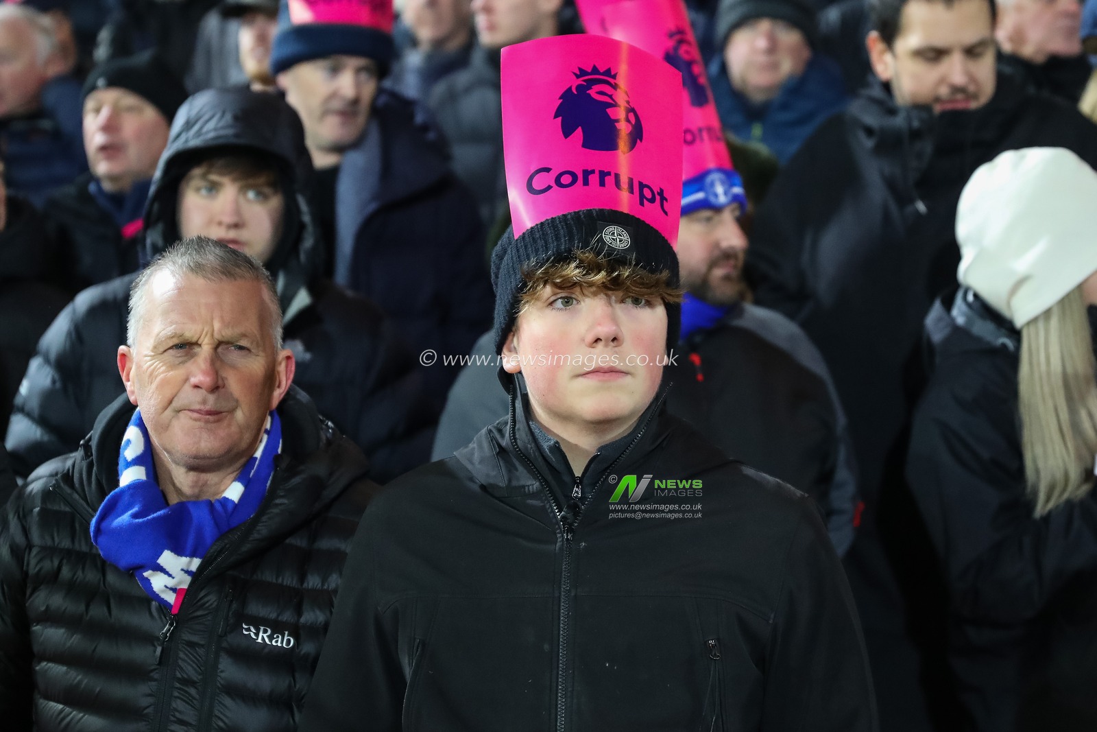 Everton fans holding up Premier League corrupt posters during the Premier League match Nottingham Forest vs Everton at City Ground, Nottingham, United Kingdom, 2nd December 2023

(Photo by Gareth Evans/News Images)