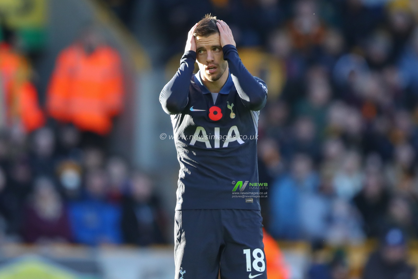 Giovani Lo Celso #18 of Tottenham Hotspur reacts during the Premier League match Wolverhampton Wanderers vs Tottenham Hotspur at Molineux, Wolverhampton, United Kingdom, 11th November 2023

(Photo by Gareth Evans/News Images)