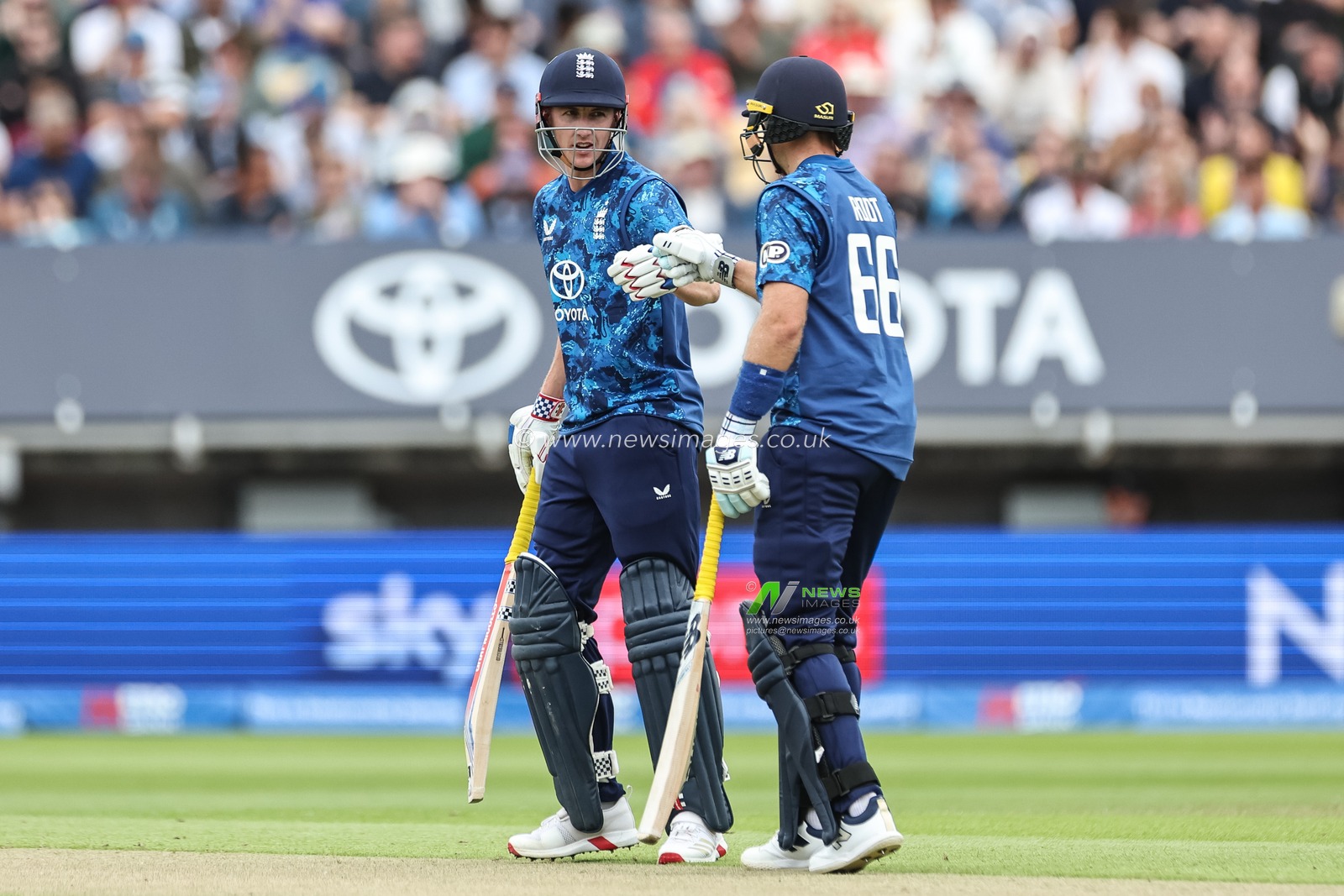 England captain Harry Brook fist bumps Joe Root of England how celebrates his half century during the 1st Metro Bank ODI England vs West Indies at Edgbaston, Birmingham, United Kingdom, 29th May 2025

(Photo by Mark Cosgrove/News Images)