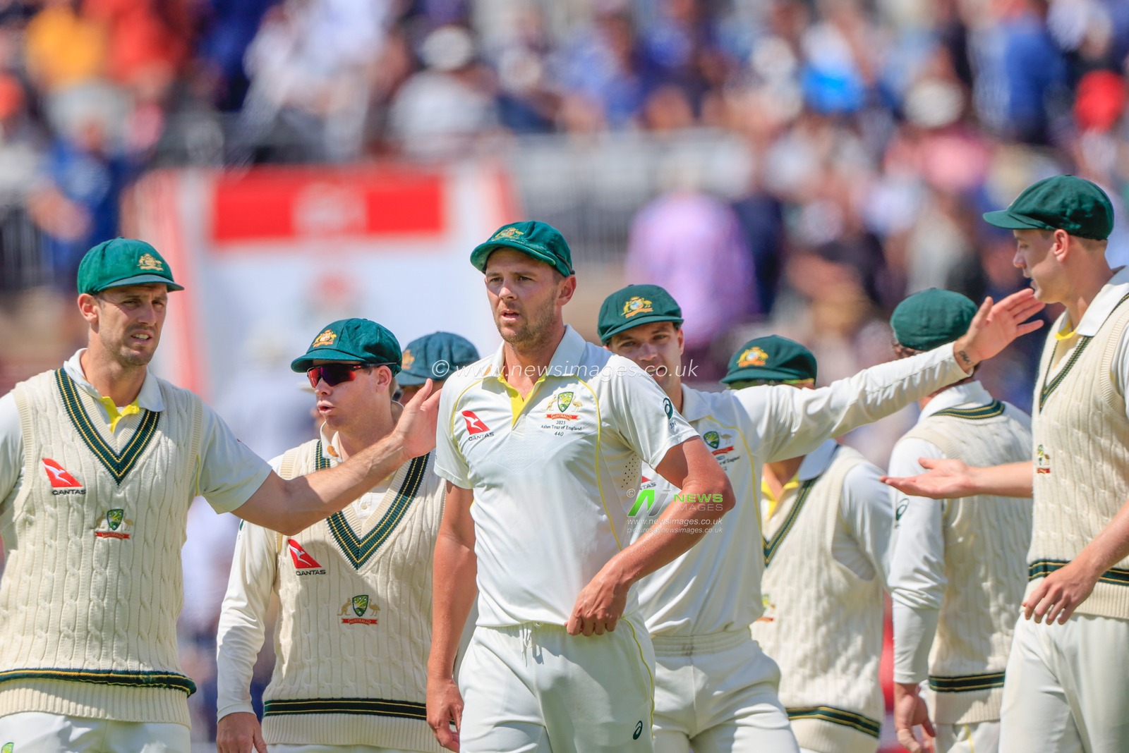 Josh Hazlewood of Australia after bowling out Mark Wood of England during the LV= Insurance Ashes Fourth Test Series Day Three Test Series match England vs Australia at Old Trafford, Manchester, United Kingdom, 21st July 2023

(Photo by Conor Molloy/News Images)