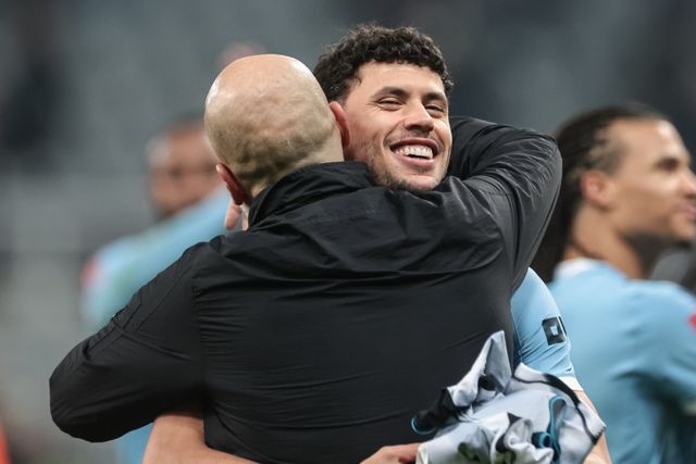 Pep Guardiola manager of Manchester City celebrates the 1-3 win with Matheus Nunes of Manchester City during the Emirates FA Cup 5th Round  match Newcastle Untied vs Manchester City at St. James's Park, Newcastle, United Kingdom on 07 March 2026

(Photo by Mark Cosgrove/News Images)