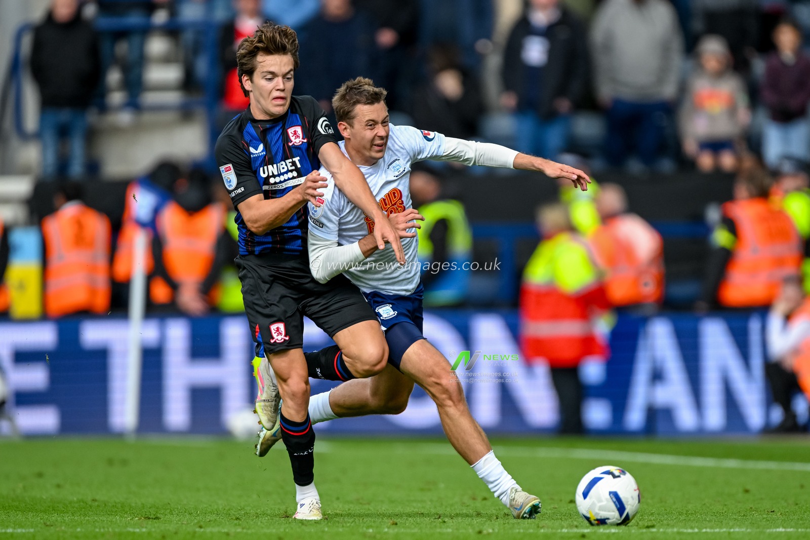 Callum Brittain of Middlesbrough  and Mads Frojaer-Jensen of Preston North End  challenge for the ball during the Sky Bet Championship match Preston North End vs Middlesbrough at Deepdale, Preston, United Kingdom, 13th September 2025

(Photo by Adam Gee/News Images)