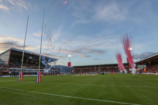 Pyrotechnics as the teams come out for the game during the Betfred Super League Round 9 match Hull KR vs Wigan Warriors at Sewell Group Craven Park, Kingston upon Hull, United Kingdom, 26th April 2024

(Photo by Alfie Cosgrove/News Images)