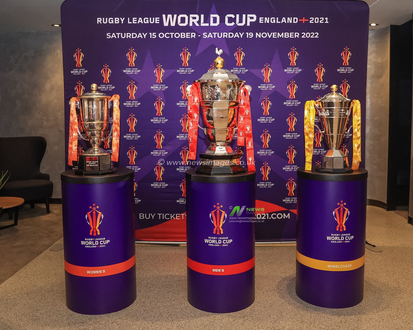 Trophies for the Rugby League World Cup 2021 to be played in 2022 are on display at Headingley Stadium.  From right to left, Rugby League Womenâ€™s World Cup (L), The Rugby League World Cup (C) and The Wheelchair Rugby League World Cup