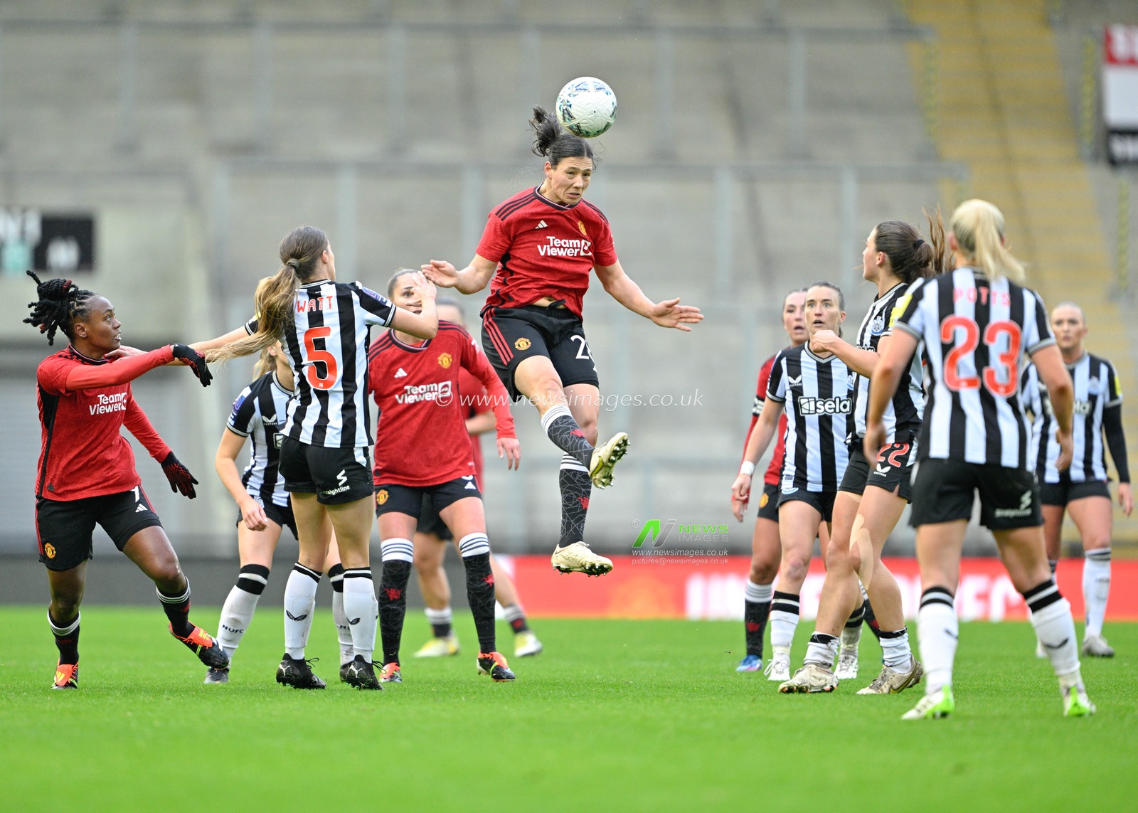 Rachel Williams of Manchester United Women wins her header, during the Vitality Women's FA Cup match Manchester United Women vs Newcastle United women at Leigh Sports Village, Leigh, United Kingdom, 14th January 2024

(Photo by Cody Froggatt/News Images)