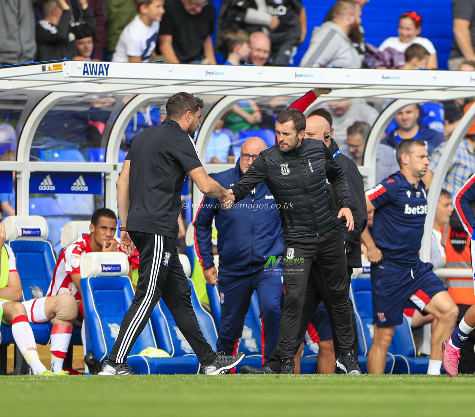 31st August 2019, St Andrew's, Birmingham, England; Sky Bet Championship Football,  Birmingham City vs Stoke City ; Stoke City manager Nathan Jones shakes hands with Birmingham City manager Pep Clotet at the end of the game
Credit: Conor Molloy/News Images


English Football League images are subject to DataCo Licence