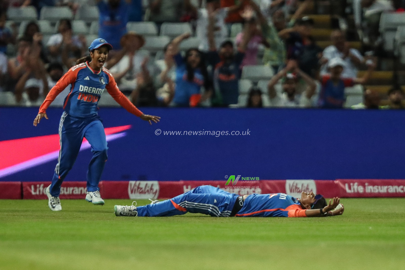 Amy Jones of England hits the ball into the hands of Radha Yadav of India during the 5th Vitality IT20 England Women vs India Women at Edgbaston, Birmingham, United Kingdom, 12th July 2025

(Photo by Izzy Poles/News Images)