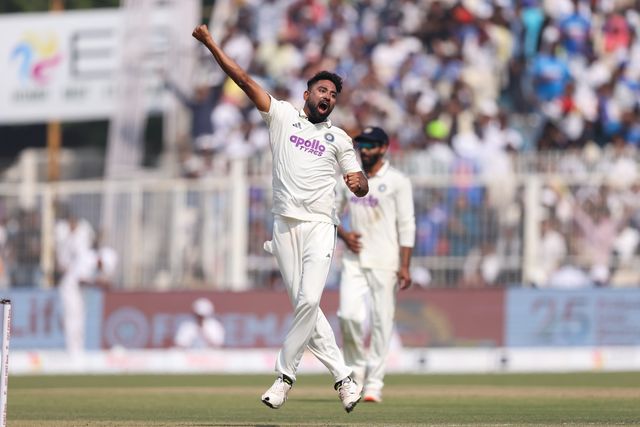 Mohammed Siraj of India dismisses Keshav Maharaj of South Africa by lbw and celebrates the wicket during the IDFC First Bank Test Day 3 match India vs South Africa at Eden Gardens, Kolkata, India, 16th November 2025

(Photo by Shubhajit Roy Karmakar/News Images)