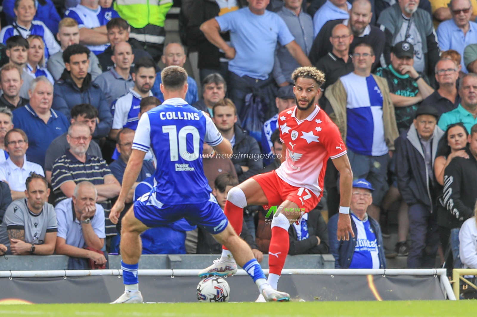 Aaron Collins of Bristol Rovers pressures as Barry Cotter #17 of Barnsley holds the ball during the Sky Bet League 1 match Bristol Rovers vs Barnsley at Memorial Stadium, Bristol, United Kingdom, 12th August 2023

(Photo by Alfie Cosgrove/News Images)