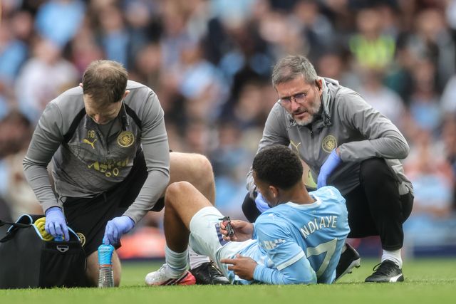 Iliman Ndiaye of Manchester City  receives treatment during the Premier League match Manchester City vs Coventry City at Etihad Stadium, Manchester, United Kingdom on 05 September 2026

(Photo by Mark Cosgrove/News Images)