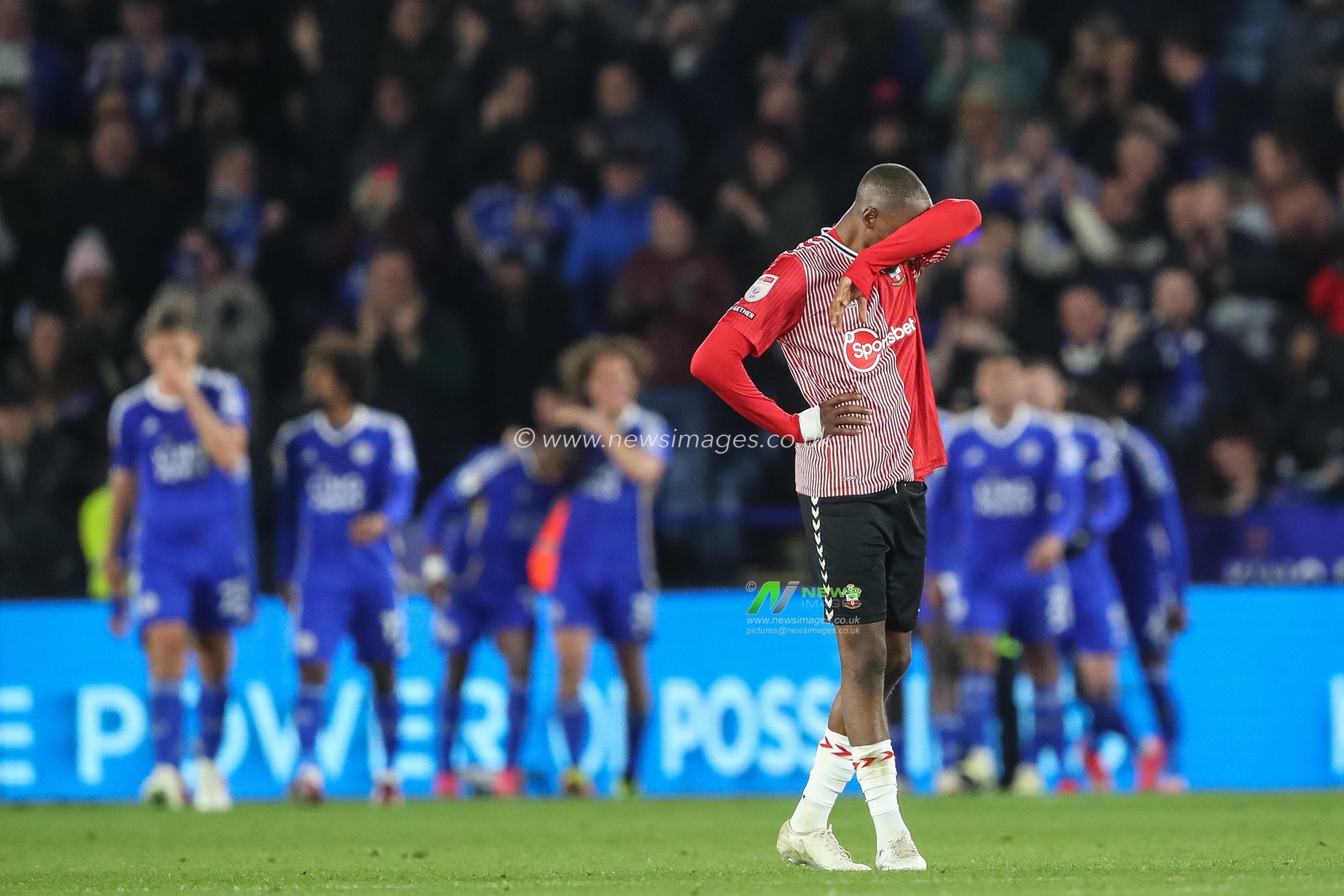 A dejected Joe Aribo of Southampton after Fatawu of Leicester City scores to maker it 5-0  during the Sky Bet Championship match Leicester City vs Southampton at King Power Stadium, Leicester, United Kingdom, 23rd April 2024

(Photo by Gareth Evans/News Images)