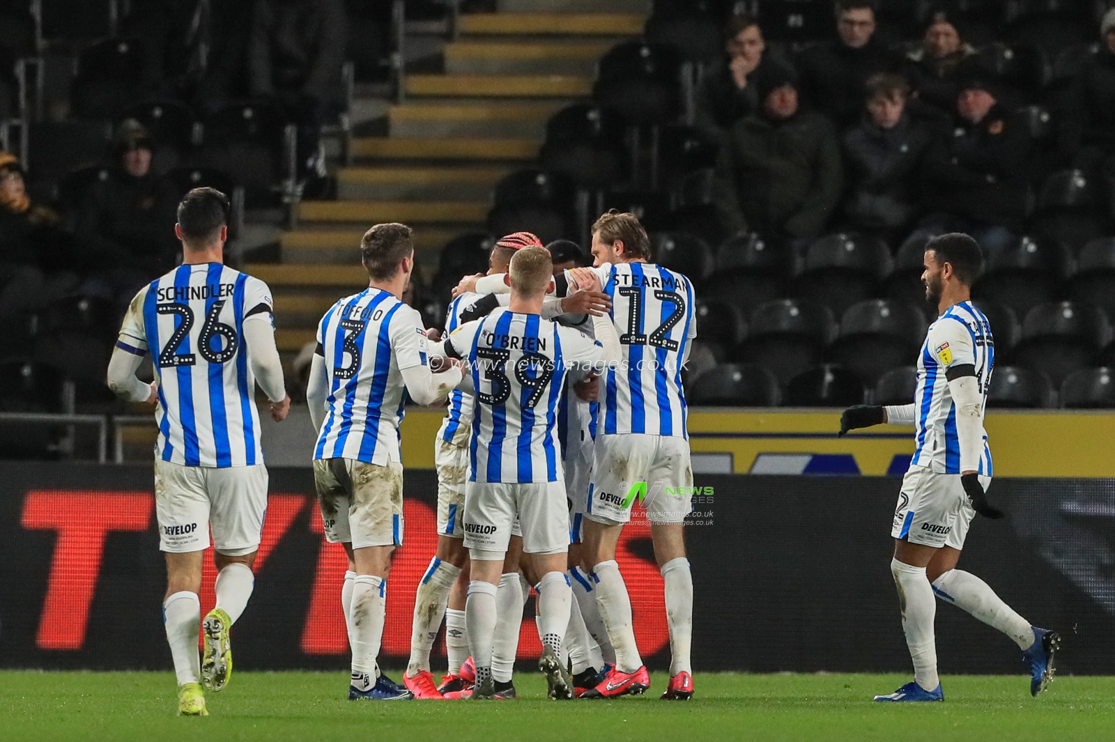 28th January 2020, KC Stadium, Kingston upon Hull, England; Sky Bet Championship, Hull City v Huddersfield Town : Karlan Grant (16) of Huddersfield Town celebrates his goal to make it 0-1