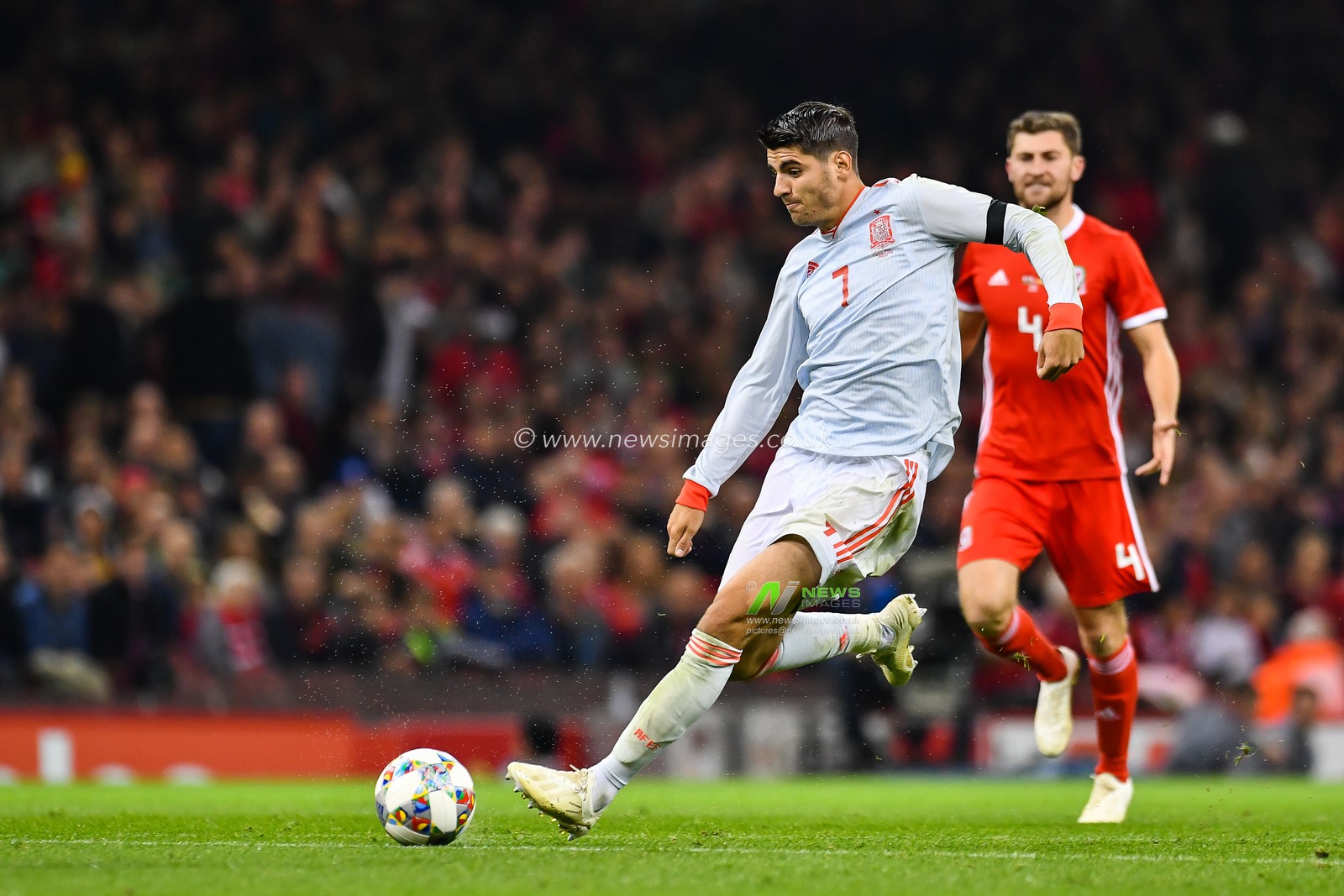 11th October 2018 , Principality Stadium, Cardiff, Wales ; International friendly, Wales v Spain ; Ãlvaro Morata of Spain takes a shot a goal

Credit: Craig Thomas/News Images