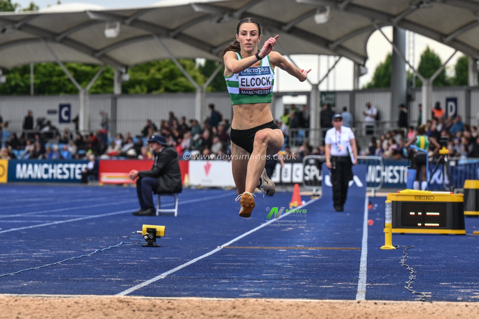 Elcock in the womenâ€™s triple jump final during the Microplus UK Athletics Championships Day 1 at Manchester Regional Arena, Manchester, United Kingdom, 29th June 2024

(Photo by Craig Thomas/News Images)