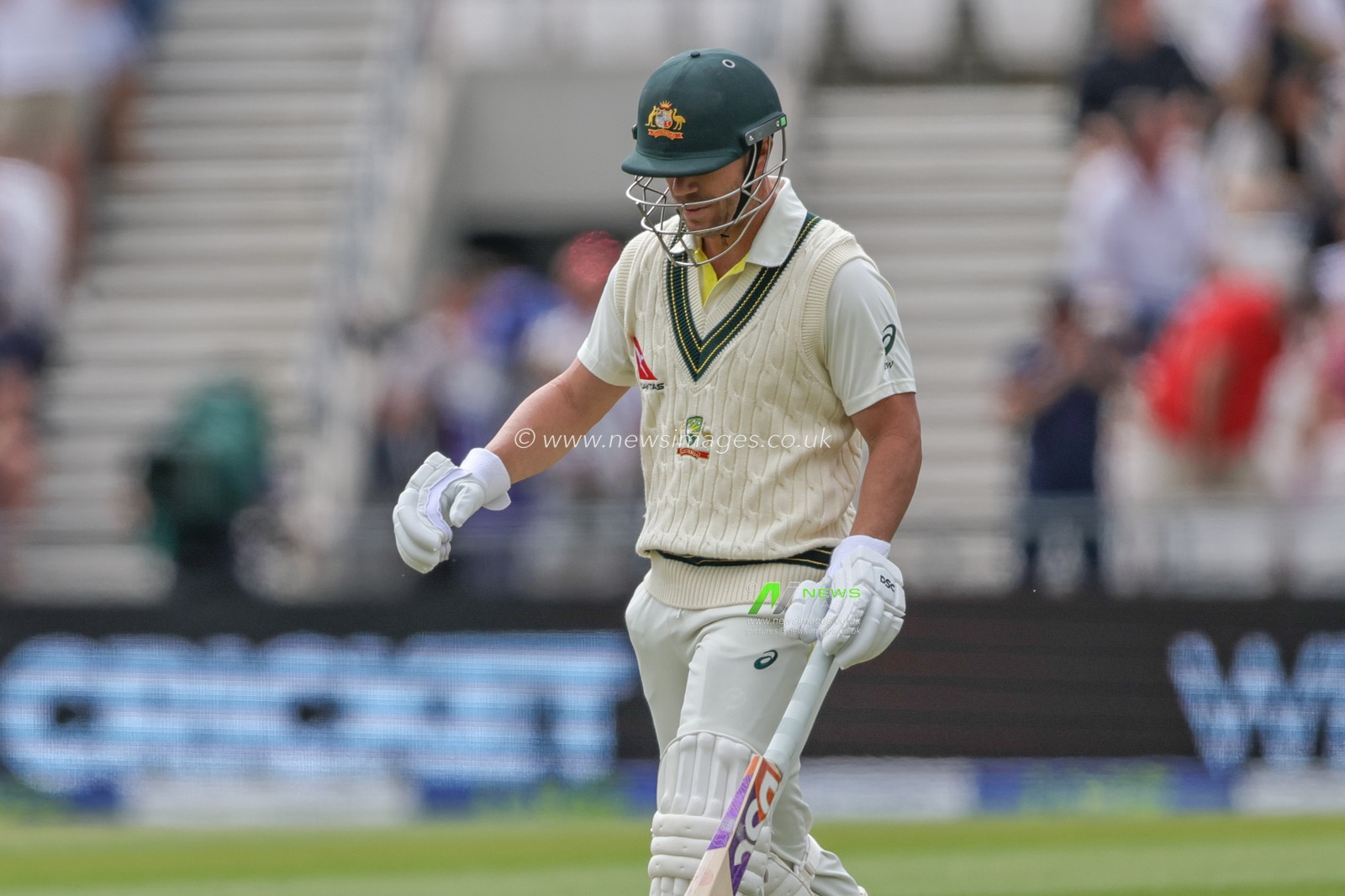 A dejected David Warner of Australia leaves the field of play after being dismissed by Zak Crawley of England during the LV= Insurance Ashes Third Test Series Day 1 England v Australia at Headingley Stadium, Leeds, United Kingdom, 6th July 2023

(Photo by Mark Cosgrove/News Images)