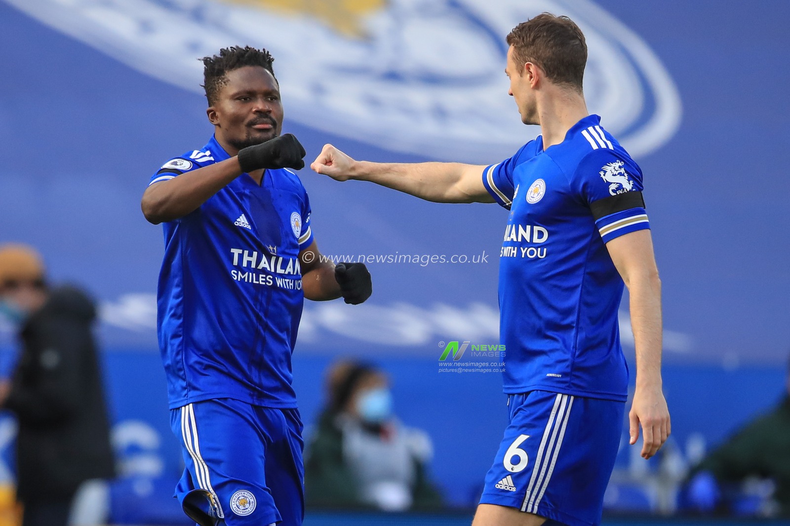 Daniel Amartey #18 of Leicester City and Jonny Evans #6 of Leicester City bump fists before kick-off