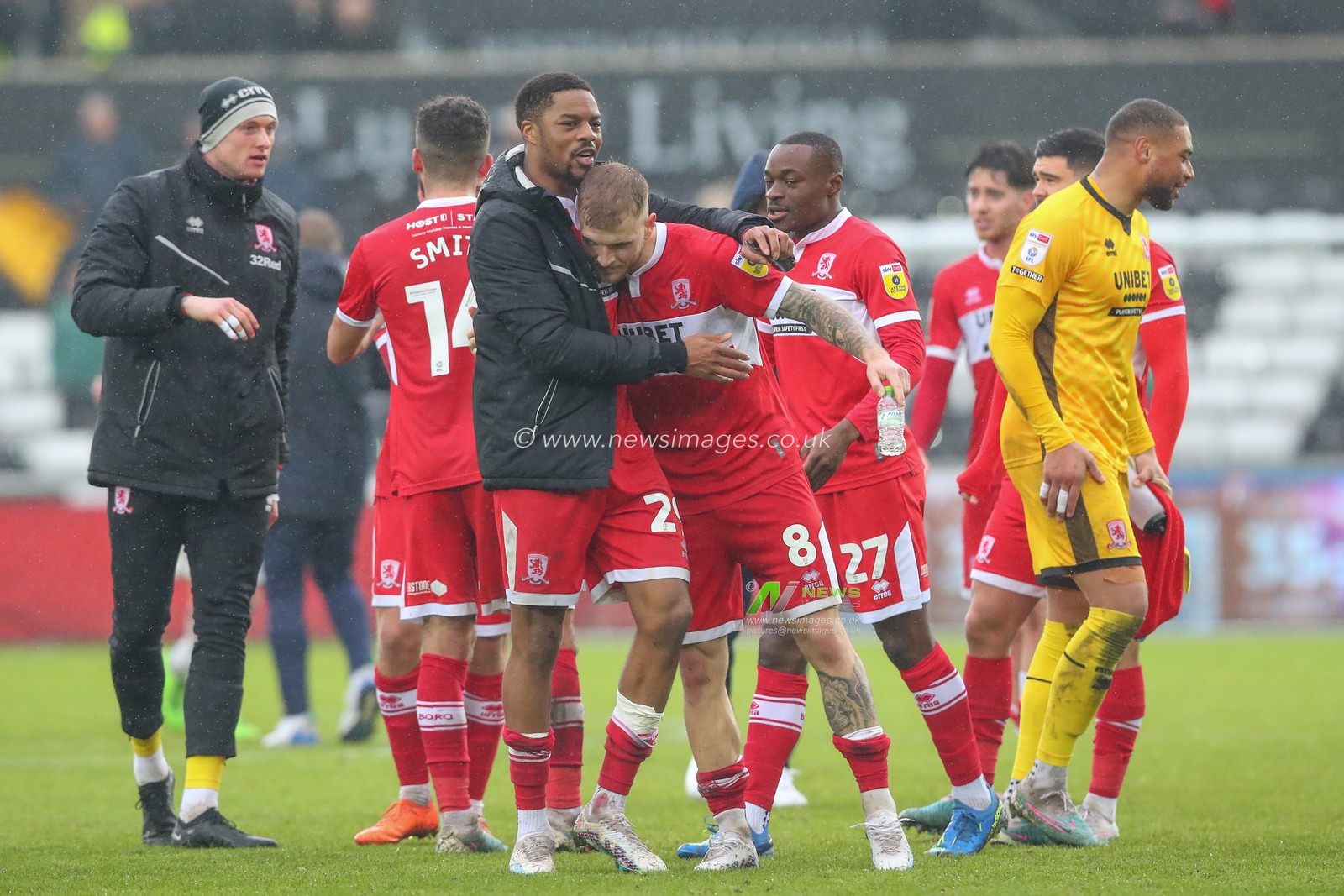 Chuba Akpom #29 of Middlesbrough and Riley McGree #8 of Middlesbrough celebrate their teams win after the Sky Bet Championship match Swansea City vs Middlesbrough at Swansea.com Stadium, Swansea, United Kingdom, 11th March 2023

(Photo by Gareth Evans/News Images)