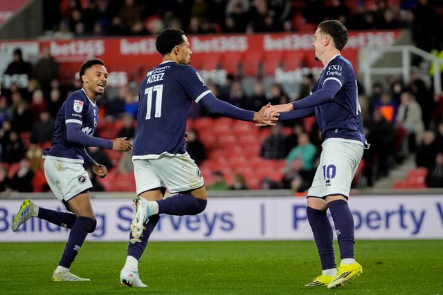 Femi Azeez of Millwall celebrates his goal to make it 0-2 during the Sky Bet Championship match Stoke City vs Millwall at Bet365 Stadium, Stoke On Trent, United Kingdom on 21 April 2026

(Photo by Maynard Manyowa/News Images)