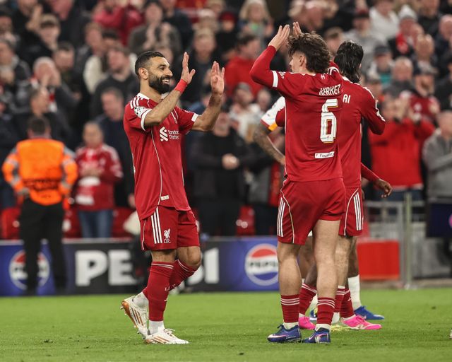 Mohamed Salah of Liverpool celebrates his goal to make it 4-0 and notches up his 50th Champions League goal during the UEFA Champions League last 16 second leg match Liverpool vs Galatasaray at Anfield, Liverpool, United Kingdom on 18 March 2026

(Photo by Alfie Cosgrove/News Images)