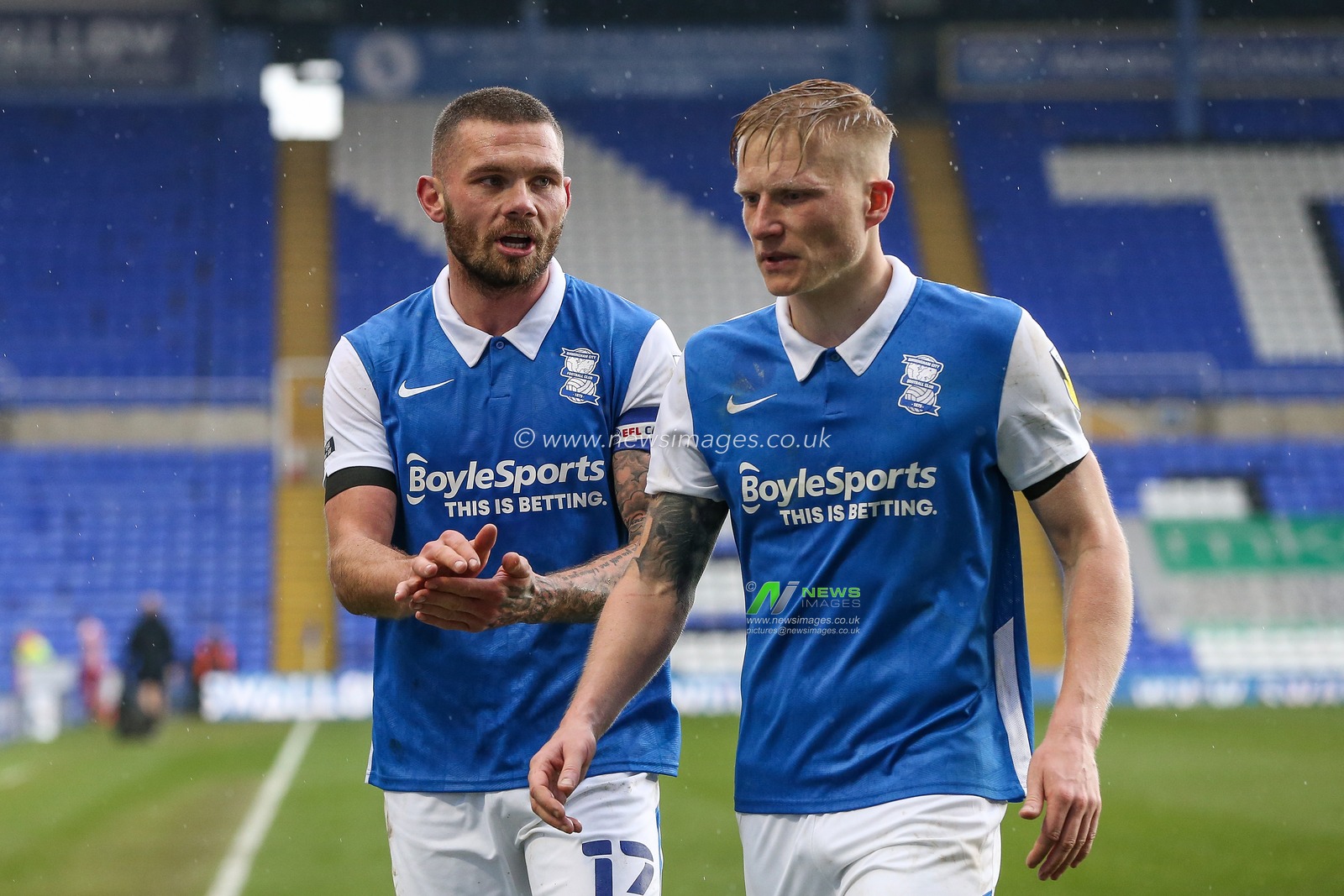 Harlee Dean #12 of Birmingham City and Kristian Pedersen #3 of Birmingham City following their 2-0 win over Stoke City