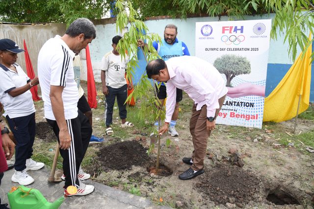 Sujit Bose, West Bengal State Fire Minister and President of Hockey Bengal plantation tree at the  celebrate the World Olympic Day in Howrah, West Bengal ,India on June 22,2025.Photo by Debajyoti Chakraborty.(Photo: Debajyoti Chakraborty/News Images)