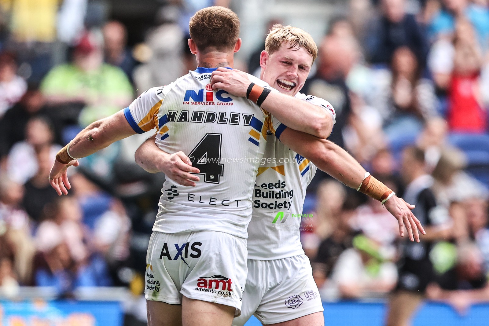 Ash Handley of Leeds Rhinos celebrates his try during the Betfred Super League Magic Weekend match Leeds Rhinos vs Bradford Bulls at Hill Dickinson Stadium, Liverpool, United Kingdom on 05 July 2026

(Photo by Alfie Cosgrove/News Images)