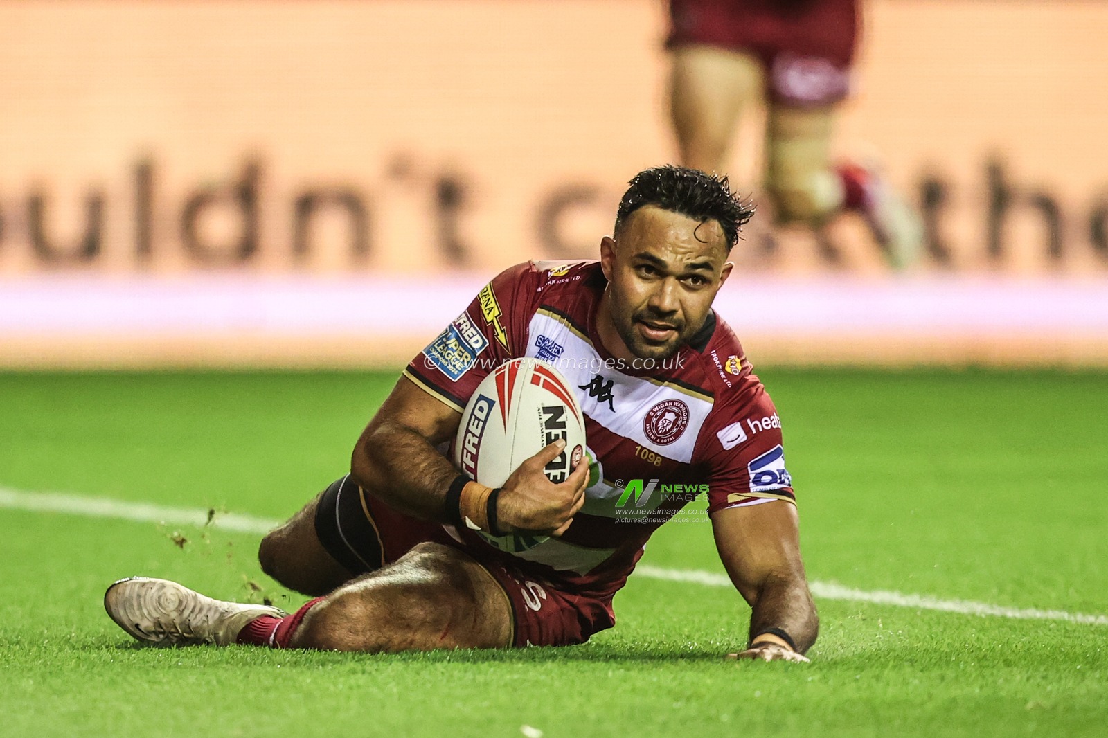Bevan French of Wigan Warriors goes over for a try making it 12-0 during the Betfred Super League Semi Final 1 match Wigan Warriors vs Leigh Leopards at The Brick Community Stadium, Wigan, United Kingdom, 3rd October 2025

(Photo by Alfie Cosgrove/News Images)