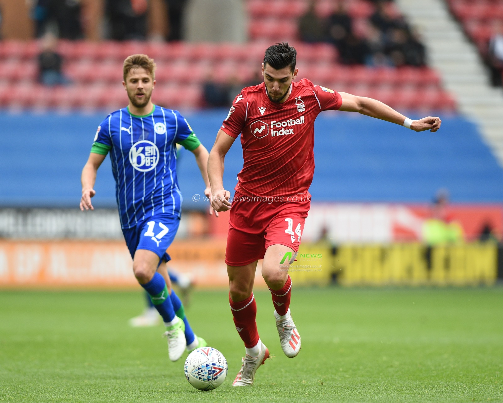 20th October 2019, DW Stadium, Wigan, England; Sky Bet Championship, Wigan Athletic v Nottingham Forest : Rafa Mir (14) of Nottingham Forest in action during the game

Credit: Richard Long/News Images