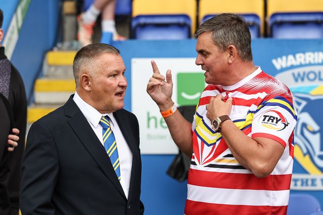 Warrington Chairman Stuart Middleton speaks to Leigh Leopards owner Derek Beaumont during the Betfred Super League Round 25 match Warrington Wolves vs Leigh Leopards at Halliwell Jones Stadium, Warrington, United Kingdom, 6th September 2025

(Photo by Mark Cosgrove/News Images)