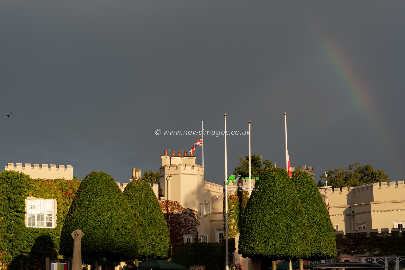 Rainbow appears as the flag flys at half mast as news that Queen Elizabeth 11 has died during the BMW PGA Championship 2022 day 1 at Wentworth Club, Virginia Water, United Kingdom, 8th September 2022

(Photo by Richard Washbrooke/News Images)
