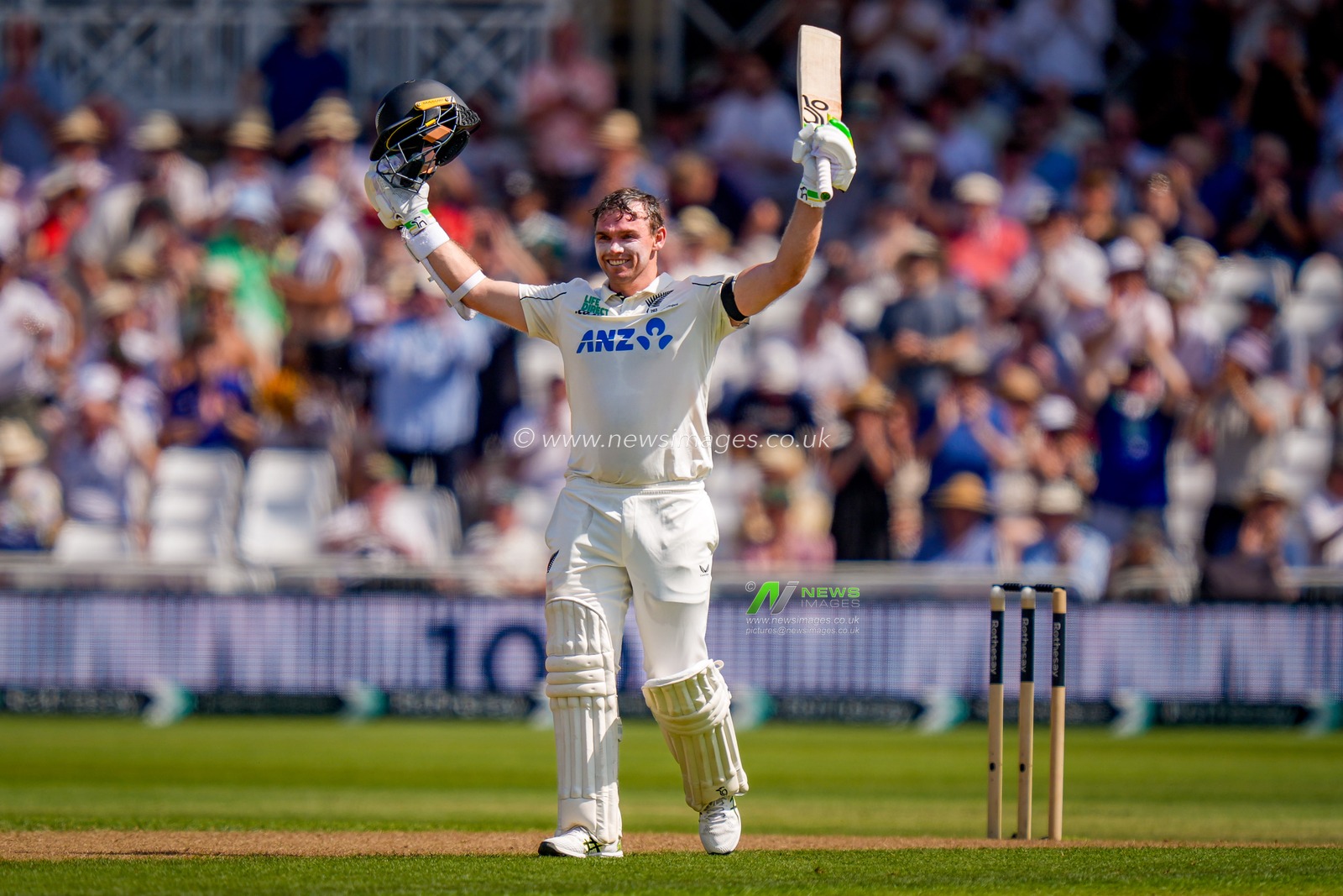 New Zealand captain Tom Latham celebrates going past 100 runs as he scores his century during the 3rd Rothesay Test Match Day 1 match England vs New Zealand at Trent Bridge, Nottingham, United Kingdom on 25 June 2026

(Photo by Maynard Manyowa/News Images)