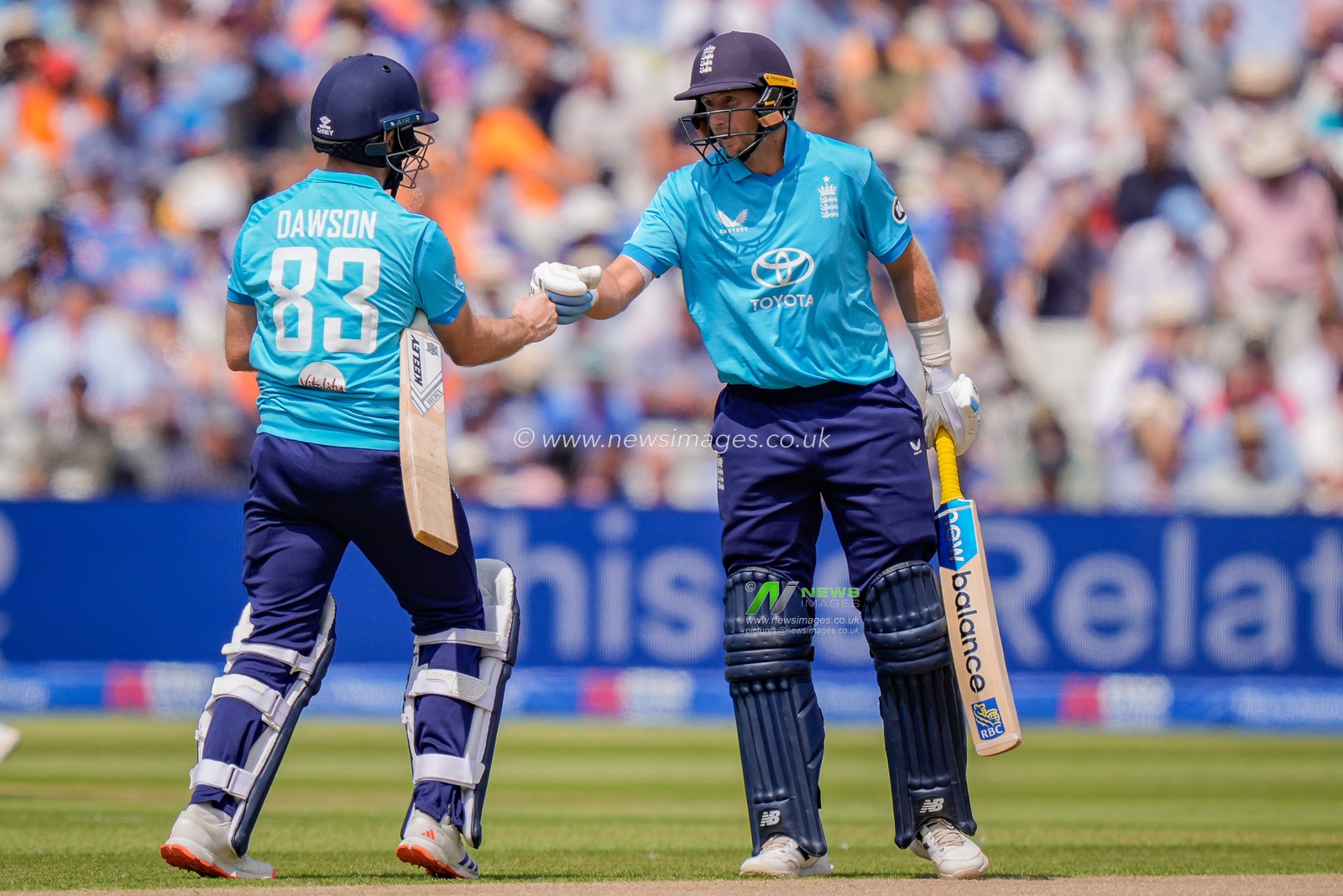 Liam Dawson of England pumps fists with Joe Root of England after their 50 run partnership during the 1st Metro Bank ODI match England vs India at Edgbaston, Birmingham, United Kingdom on 14 July 2026

(Photo by Maynard Manyowa/News Images)
