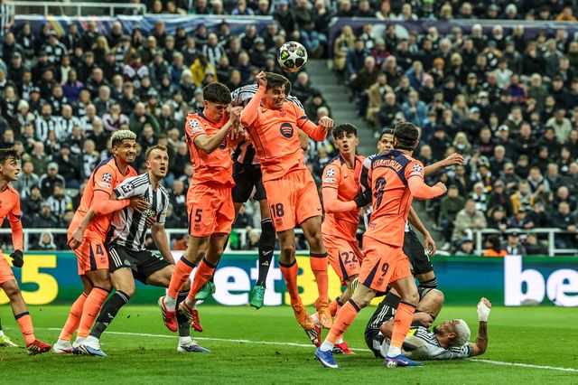 Gerard Martin of Barcelona heads clear during the UEFA Champions League Last 16 match Newcastle Untied vs Barcelona at St. James's Park, Newcastle, United Kingdom on 10 March 2026

(Photo by Mark Cosgrove/News Images)